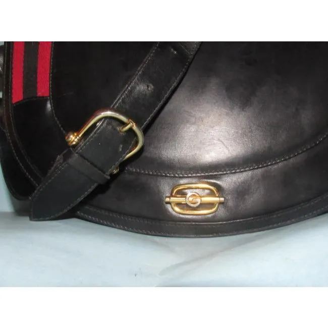 Gucci One Of A Kindearly Supple Black Leather With Navy And Red Stripe Accents Canvas Shoulder Bag