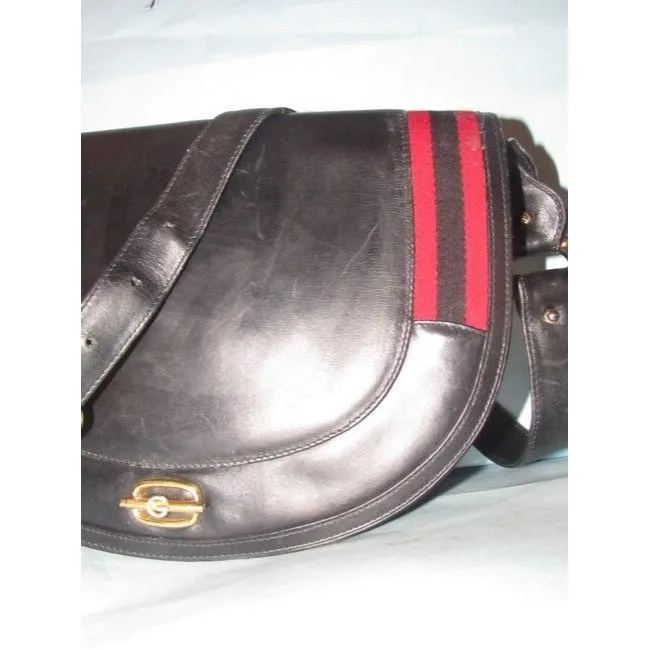 Gucci One Of A Kindearly Supple Black Leather With Navy And Red Stripe Accents Canvas Shoulder Bag