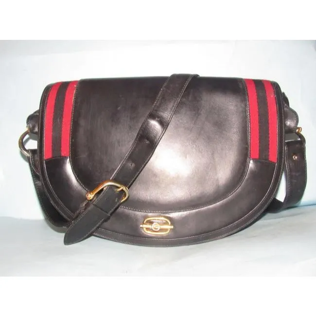 Gucci One Of A Kindearly Supple Black Leather With Navy And Red Stripe Accents Canvas Shoulder Bag