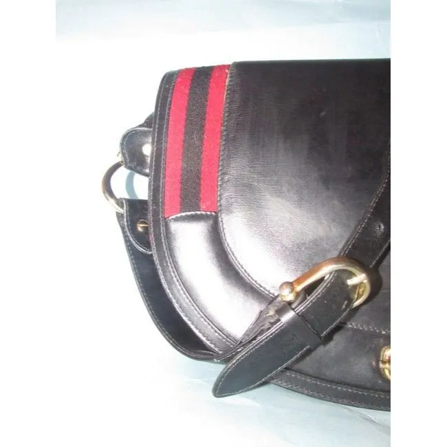 Gucci One Of A Kindearly Supple Black Leather With Navy And Red Stripe Accents Canvas Shoulder Bag