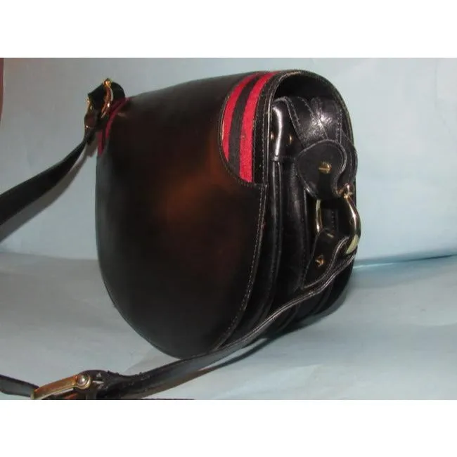 Gucci One Of A Kindearly Supple Black Leather With Navy And Red Stripe Accents Canvas Shoulder Bag