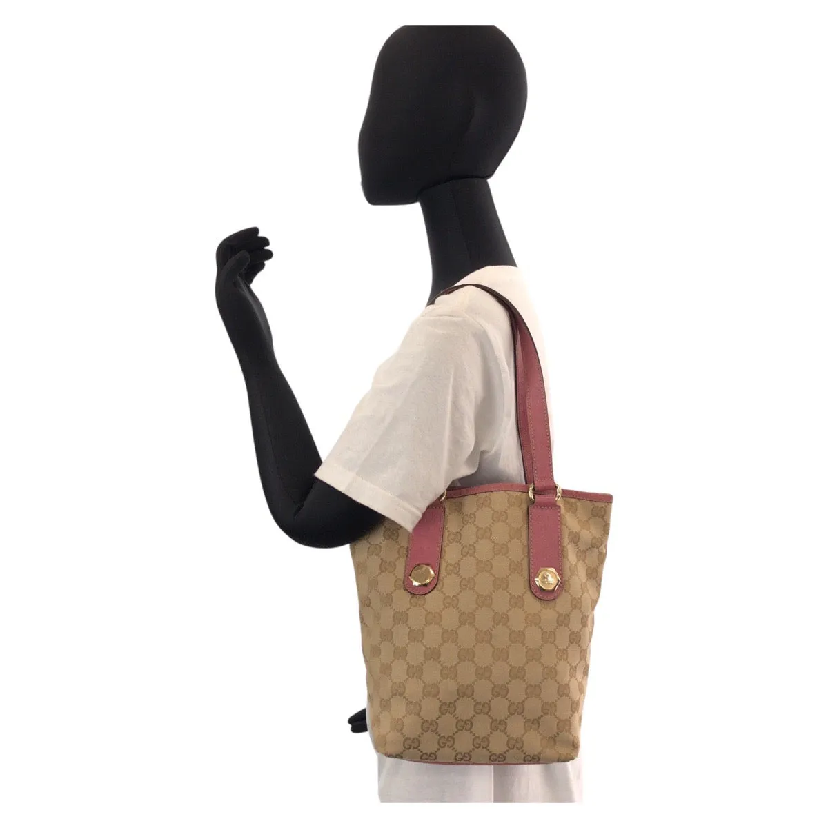 GUCCI Tote Bag 153361 GG canvas, leather Beige Pink Gold Metal Tote Bag Shoulder Bag Women Used