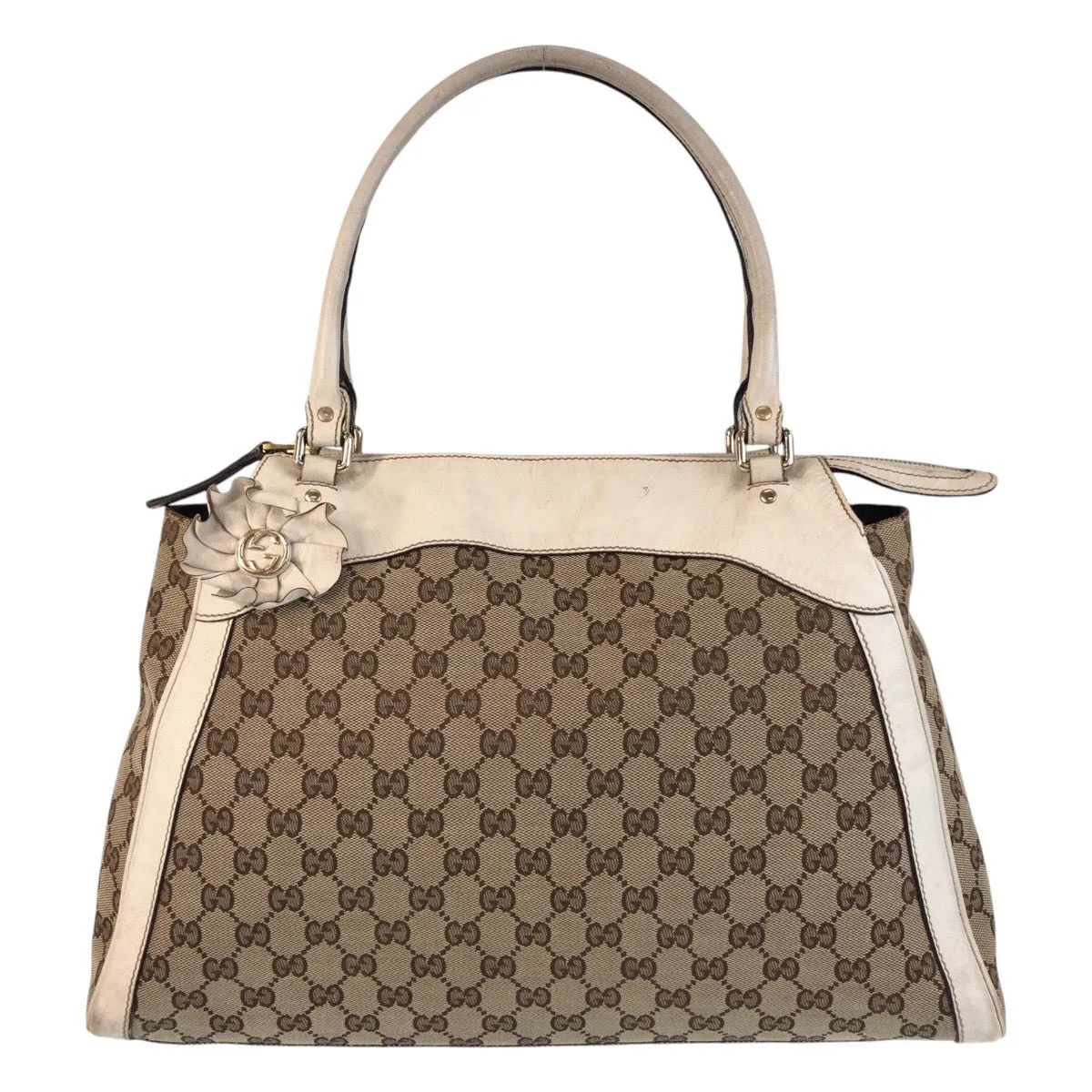 GUCCI Tote Bag 189828 GG canvas, leather Beige Ivory Gold Metal Tote Bag Shoulder Bag Trophy Women Used