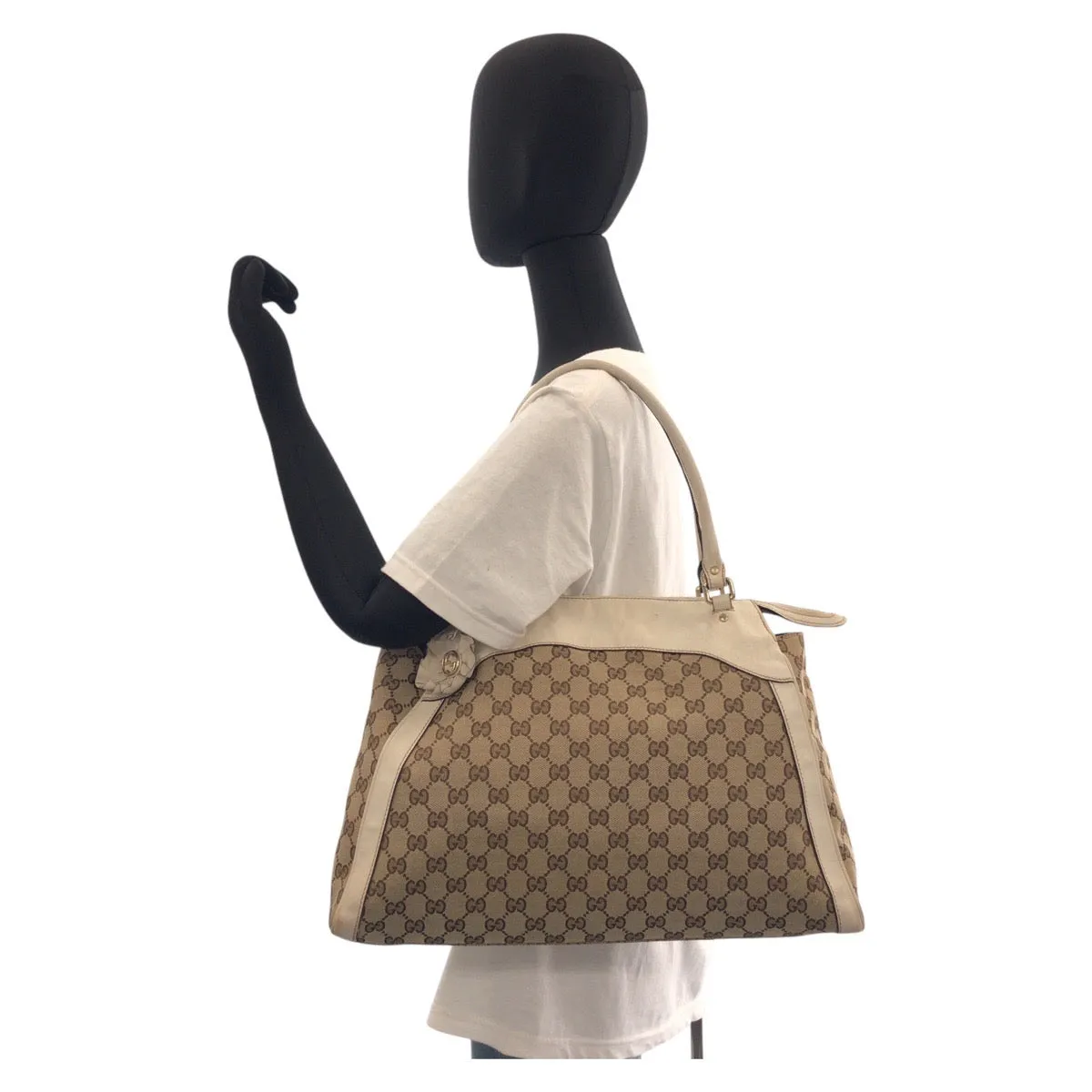 GUCCI Tote Bag 189828 GG canvas, leather Beige Ivory Gold Metal Tote Bag Shoulder Bag Trophy Women Used