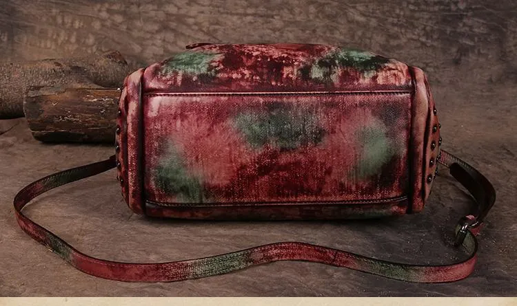 Hand-Dyed Vintage Womens Leather Handbags Red Side Bag Green SHoulder Bag Purse for Ladies