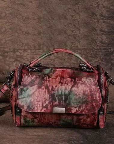 Hand-Dyed Vintage Womens Leather Handbags Red Side Bag Green SHoulder Bag Purse for Ladies