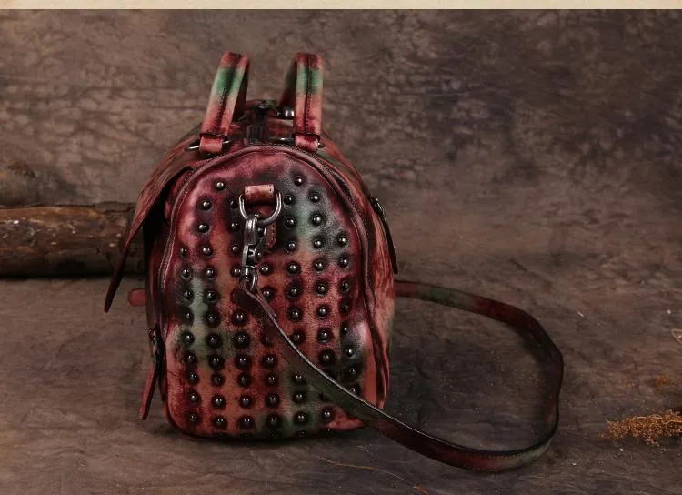 Hand-Dyed Vintage Womens Leather Handbags Red Side Bag Green SHoulder Bag Purse for Ladies