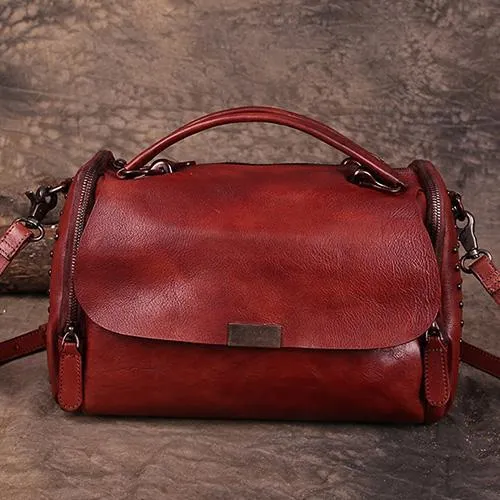 Hand-Dyed Vintage Womens Leather Handbags Red Side Bag Green SHoulder Bag Purse for Ladies