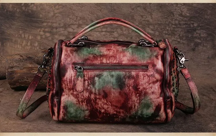 Hand-Dyed Vintage Womens Leather Handbags Red Side Bag Green SHoulder Bag Purse for Ladies