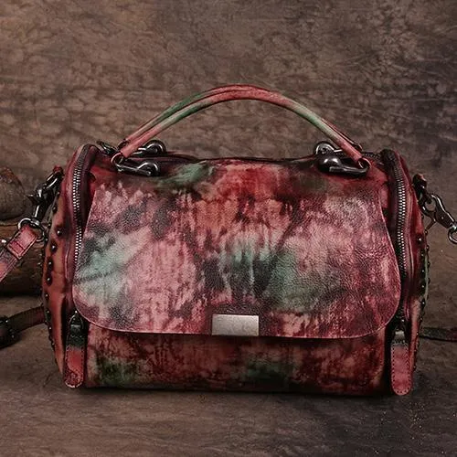 Hand-Dyed Vintage Womens Leather Handbags Red Side Bag Green SHoulder Bag Purse for Ladies