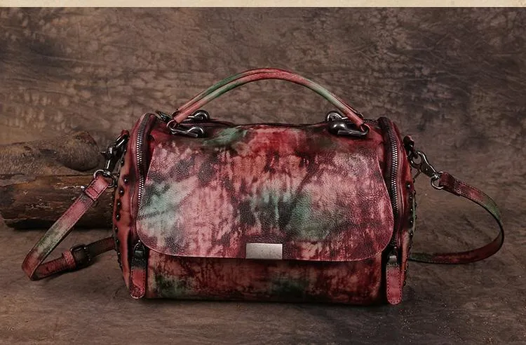 Hand-Dyed Vintage Womens Leather Handbags Red Side Bag Green SHoulder Bag Purse for Ladies