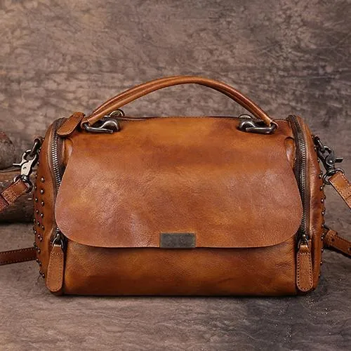 Hand-Dyed Vintage Womens Leather Handbags Red Side Bag Green SHoulder Bag Purse for Ladies