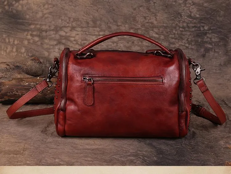 Hand-Dyed Vintage Womens Leather Handbags Red Side Bag Green SHoulder Bag Purse for Ladies