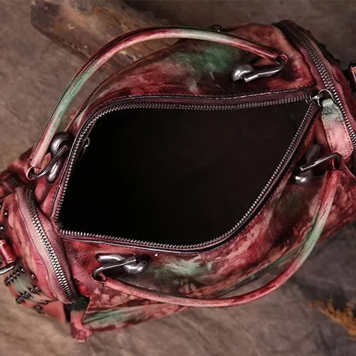 Hand-Dyed Vintage Womens Leather Handbags Red Side Bag Green SHoulder Bag Purse for Ladies