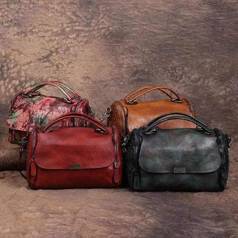 Hand-Dyed Vintage Womens Leather Handbags Red Side Bag Green SHoulder Bag Purse for Ladies
