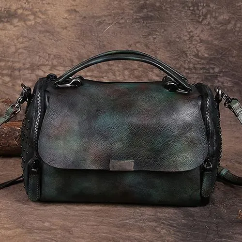 Hand-Dyed Vintage Womens Leather Handbags Red Side Bag Green SHoulder Bag Purse for Ladies
