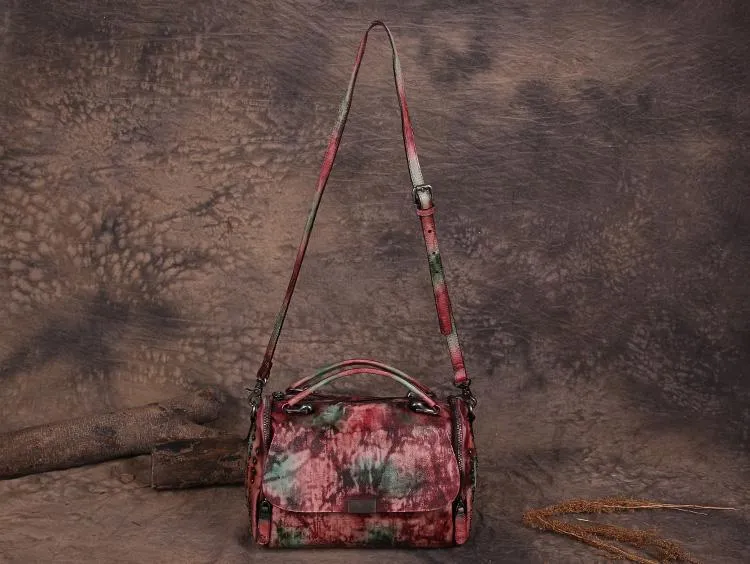 Hand-Dyed Vintage Womens Leather Handbags Red Side Bag Green SHoulder Bag Purse for Ladies