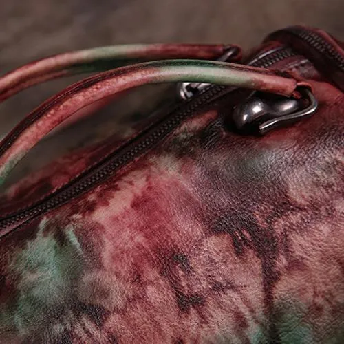 Hand-Dyed Vintage Womens Leather Handbags Red Side Bag Green SHoulder Bag Purse for Ladies