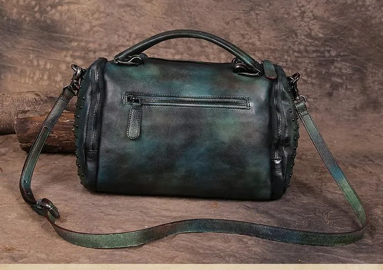 Hand-Dyed Vintage Womens Leather Handbags Red Side Bag Green SHoulder Bag Purse for Ladies