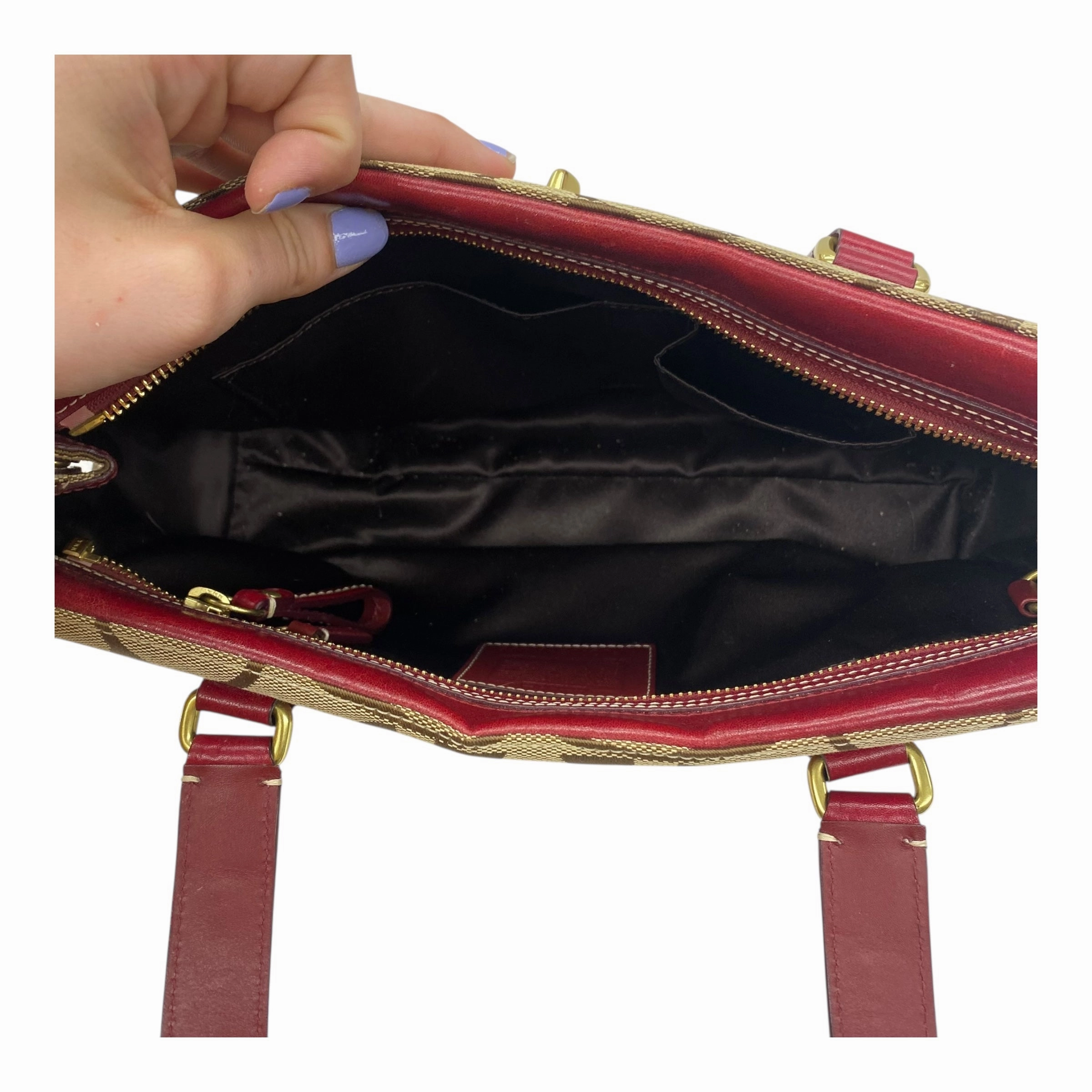 Handbag Designer By Coach In Brown & Red, Size:Medium