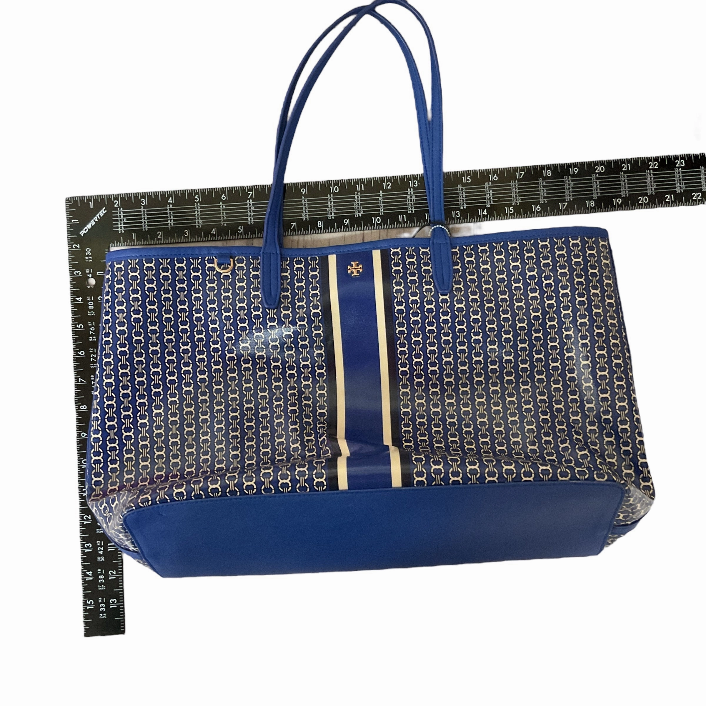 Handbag Designer By Tory Burch In Blue & White, Size:Large