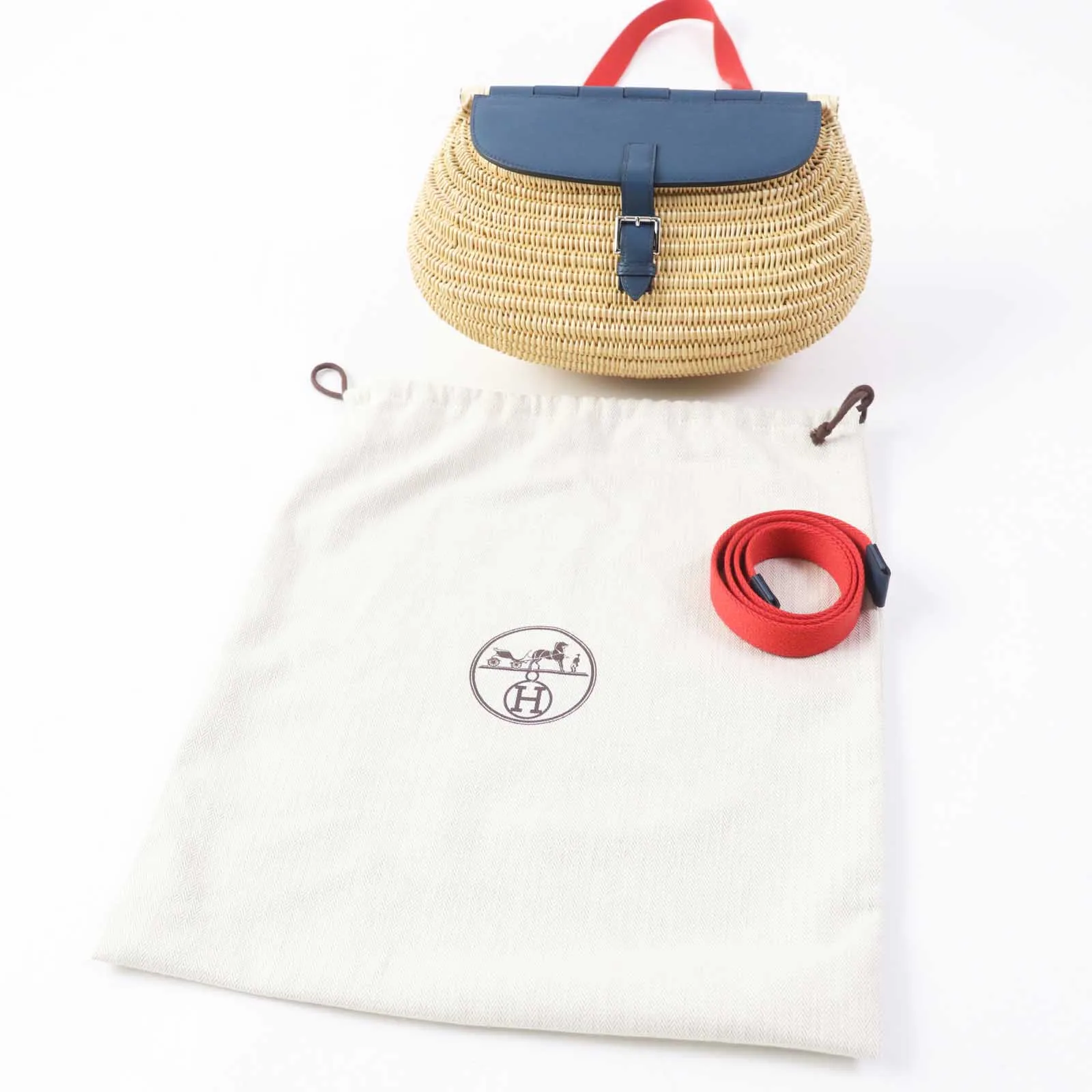 HERMES Shoulder Bag Swift Ocea Blue type Natural fishing basket