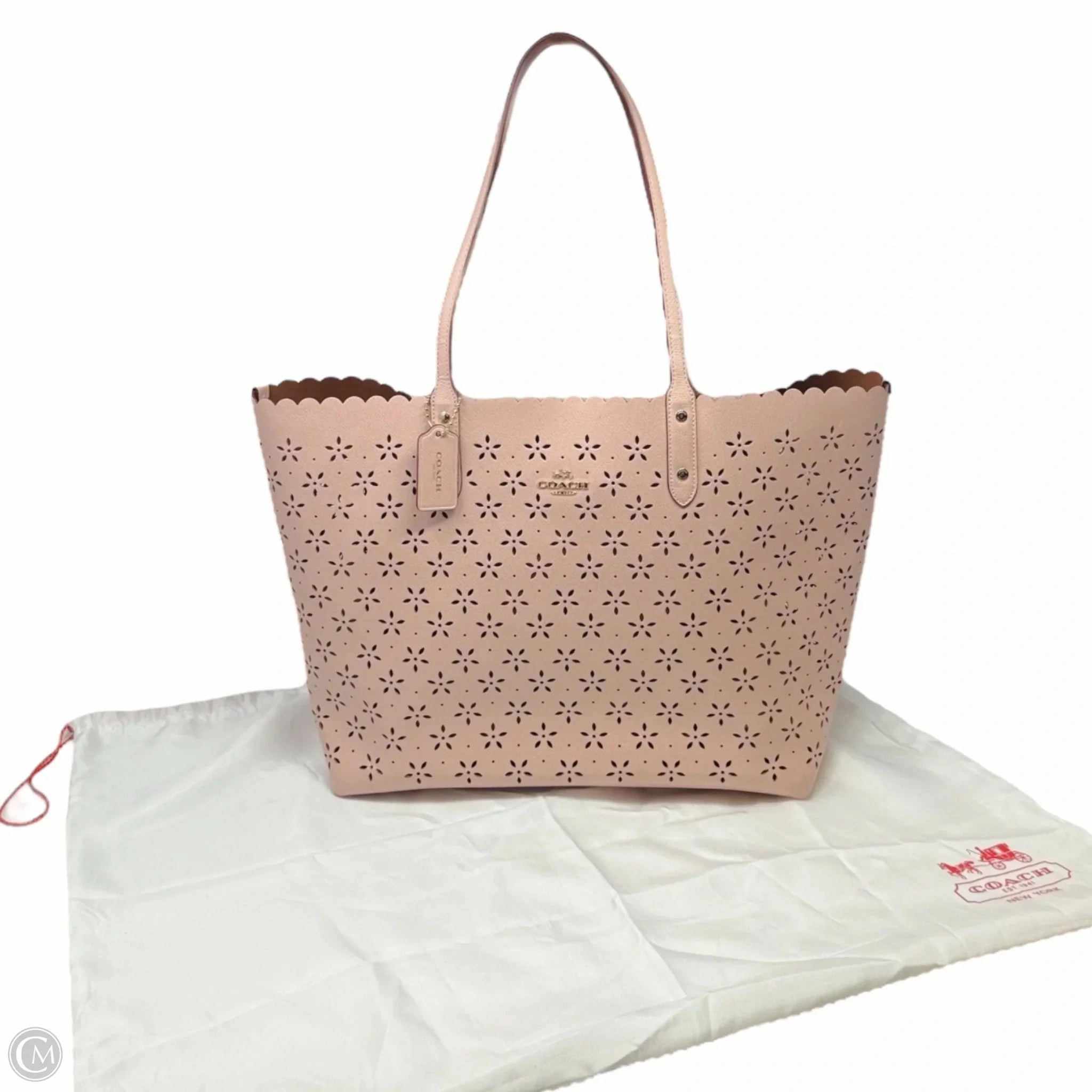 Laser Cut Leather City Tote Designer By Coach In Peach Rose Glitter, Size: Large
