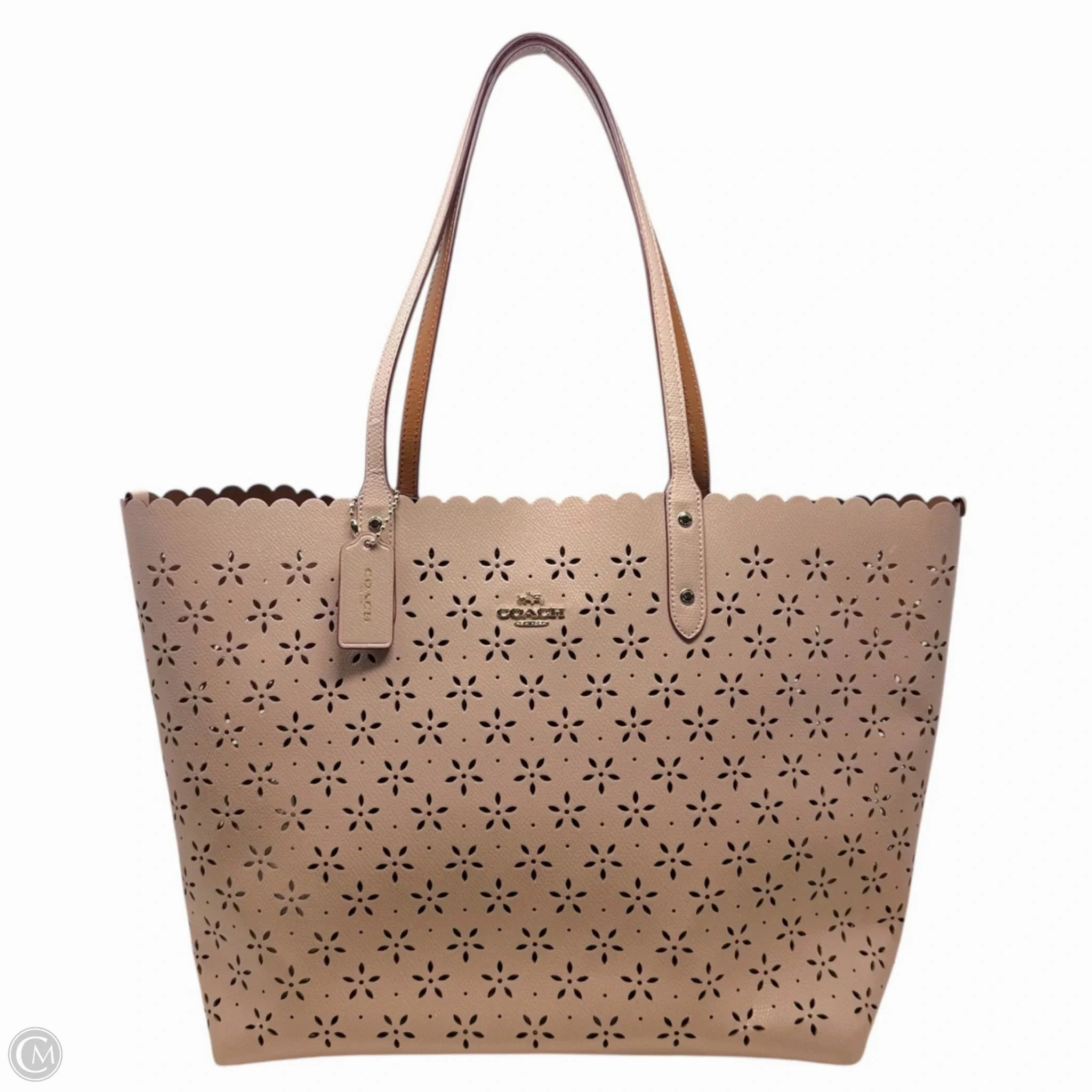 Laser Cut Leather City Tote Designer By Coach In Peach Rose Glitter, Size: Large