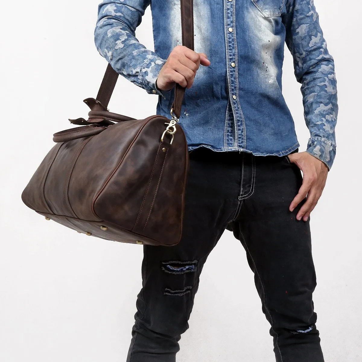 Leather Mens Weekender Bag Cool Travel Bag Duffle Bags Overnight Bag for men