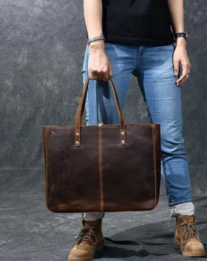Leather Mens Womens 14" Large Tote Shoulder Bag Vintage Brown Tote Bag Large Side Bag For Men