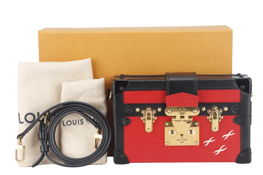 LOUIS VUITTON PETITE MALLE (M500313) ROUGE, BLACK EPI LEATHER SHOULDER BAG GOLD HARDWARE WITH DUST COVER AND BOX