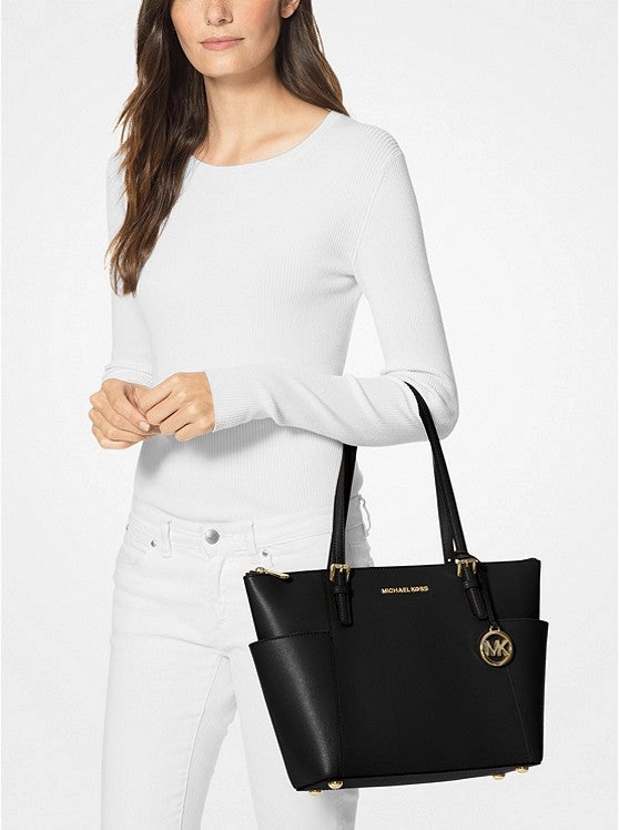 Michael Kors Black Leather Jet Set Medium Travel Tote