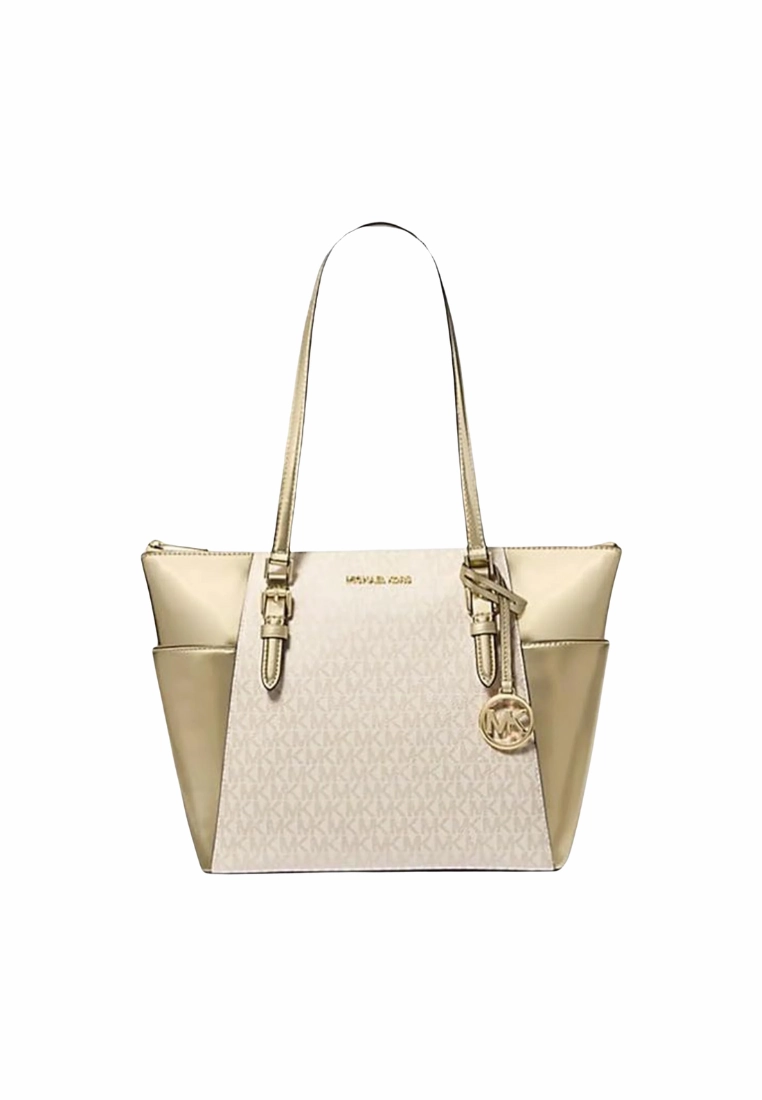 Michael Kors Charlotte Tote Bag Metallic Top-Zip In Pale Gold 35F4GCFT3V