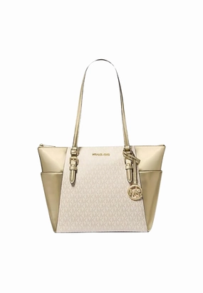 Michael Kors Charlotte Tote Bag Metallic Top-Zip In Pale Gold 35F4GCFT3V
