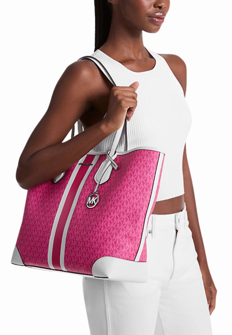 Michael Kors Eva Large Signature Logo Stripe Tote Bag In Dragonfruit 35R5SV0T3M