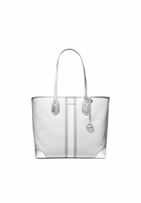 Michael Kors Eva Metallic Signature Logo Large Tote Bag In Optic White 35R5SV0T3V