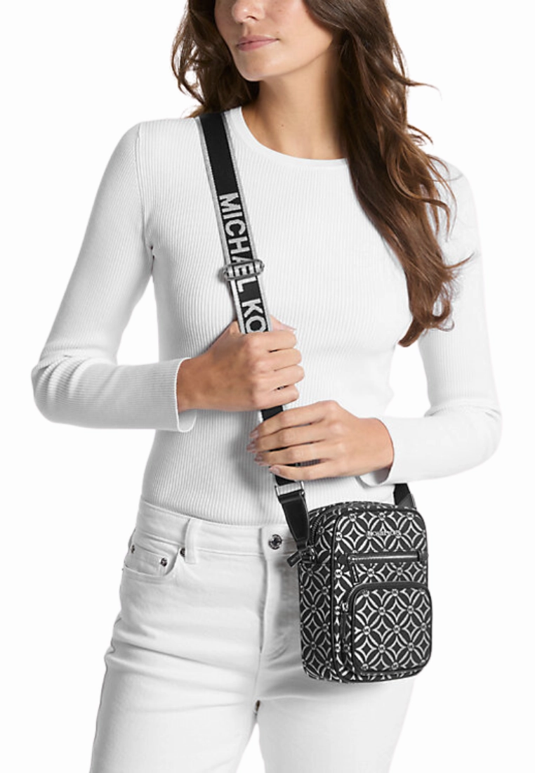 Michael Kors Jet Set Medium Metallic Logo Jacquard Crossbody Bag In Black Silver Noir Argent 35F4STTC2J