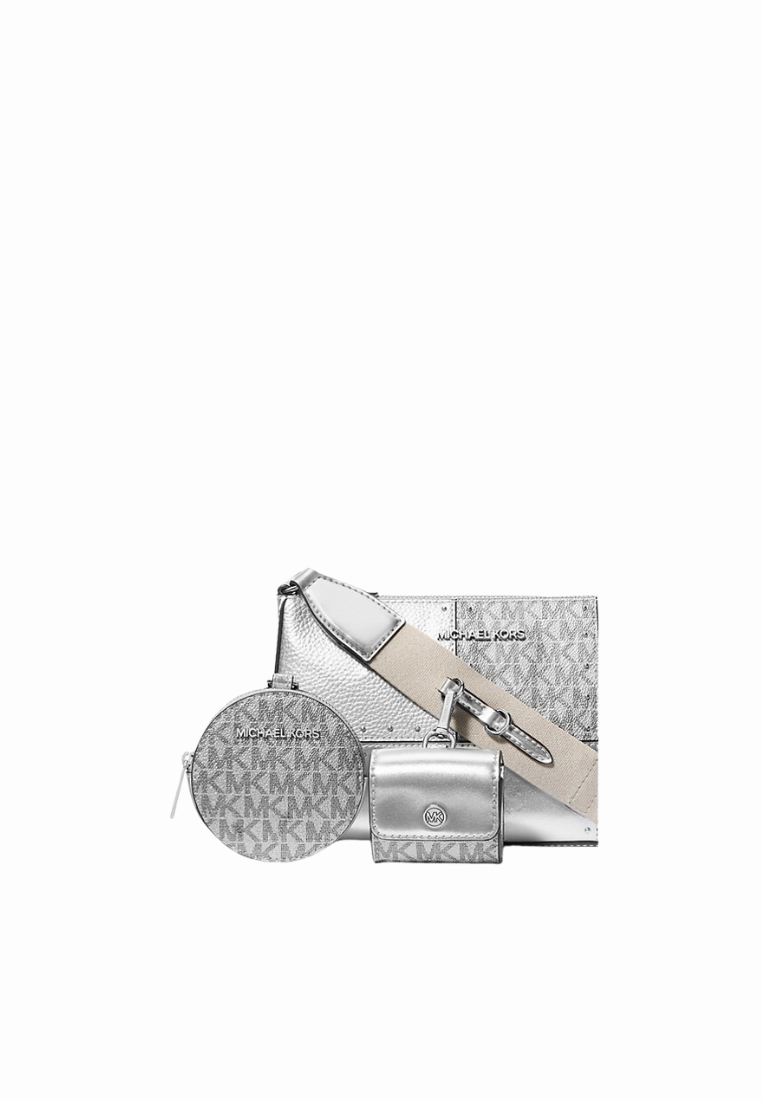 Michael Kors Jet Set Travel Crossbody Bag Small Metallic Patchwork And Signature Logo In Silver 35R5Stvc1M