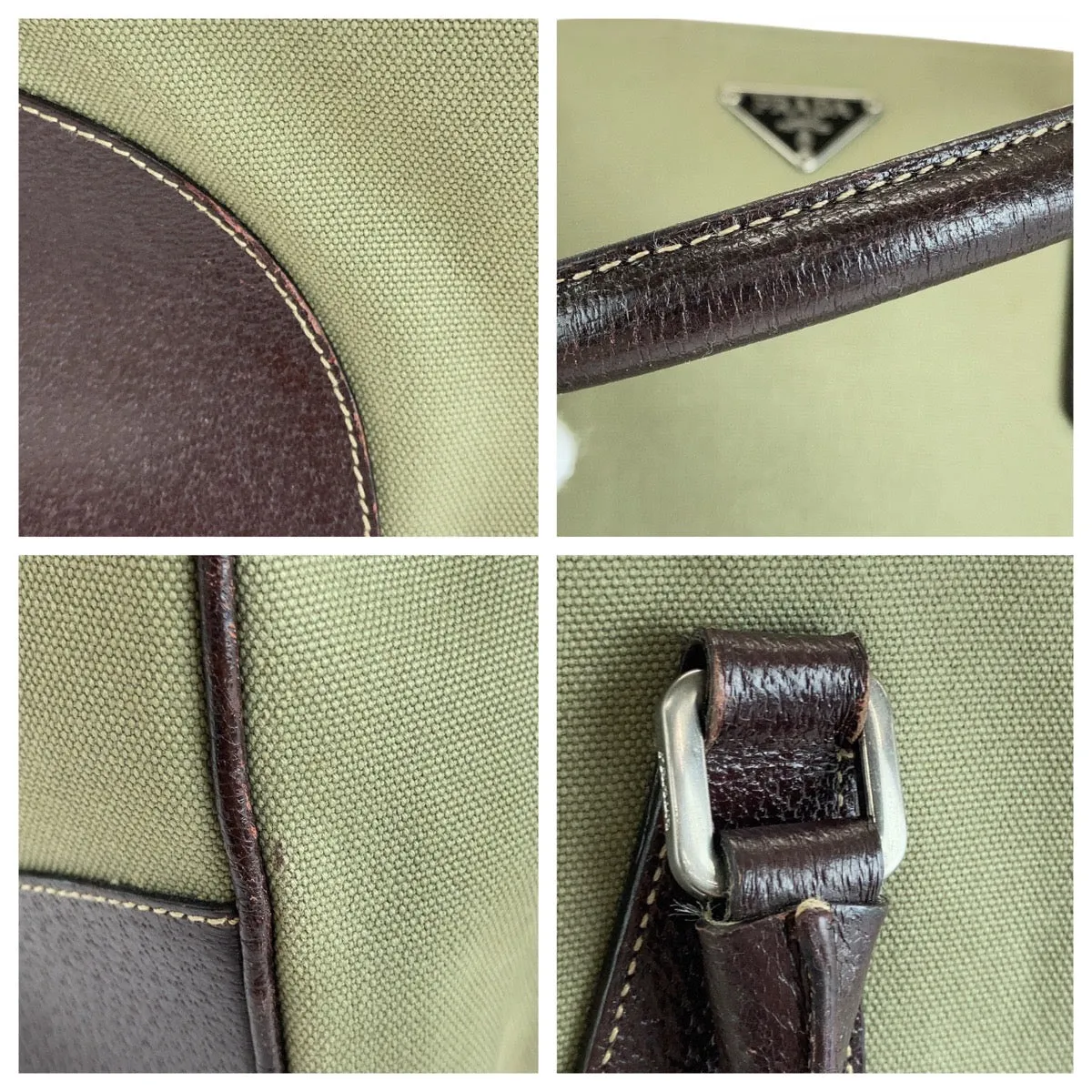 PRADA Tote Bag Canvas, Leather Khaki Brown SilverMetal Tote Bag Shoulder Bag Unisex Triangle With logo Women Used