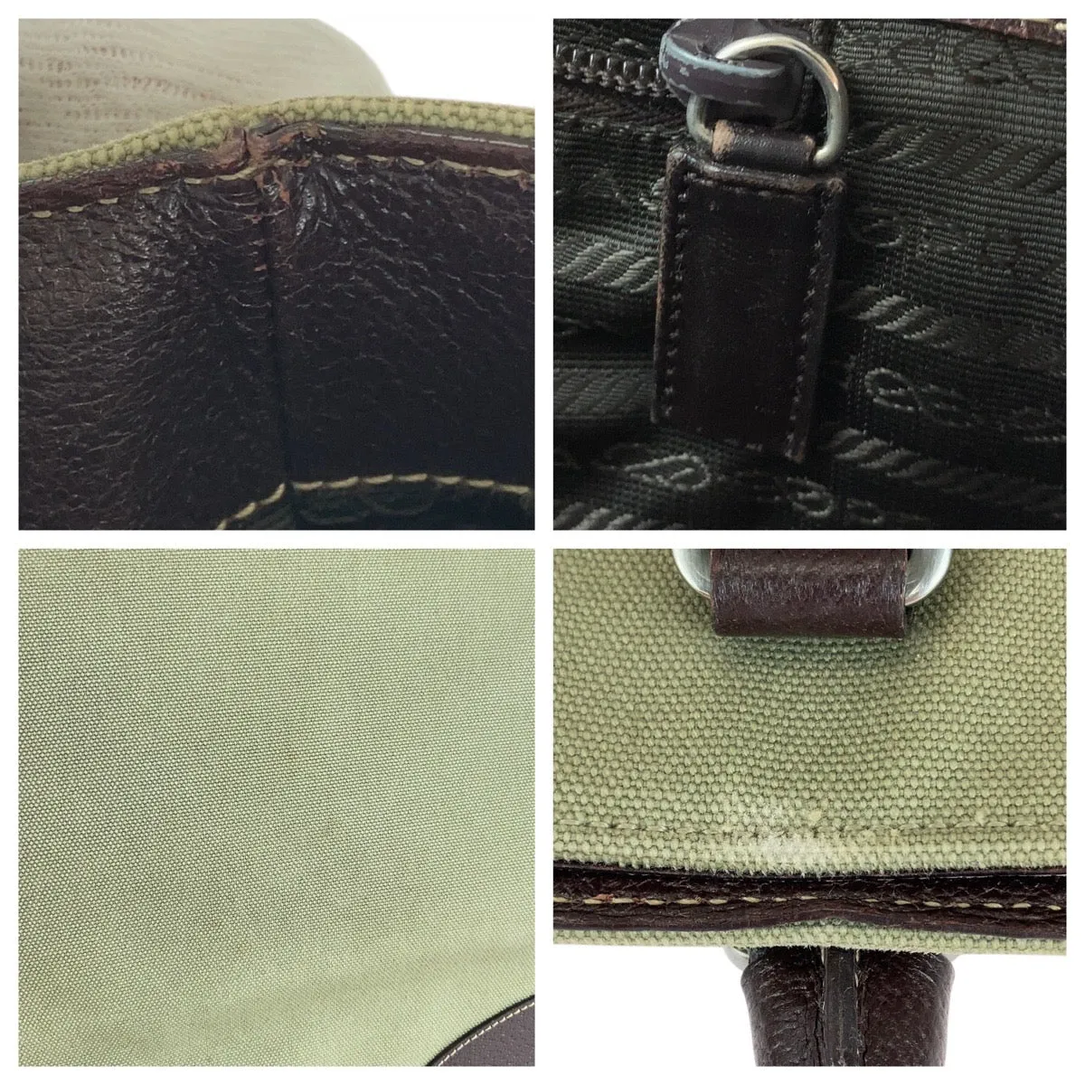 PRADA Tote Bag Canvas, Leather Khaki Brown SilverMetal Tote Bag Shoulder Bag Unisex Triangle With logo Women Used
