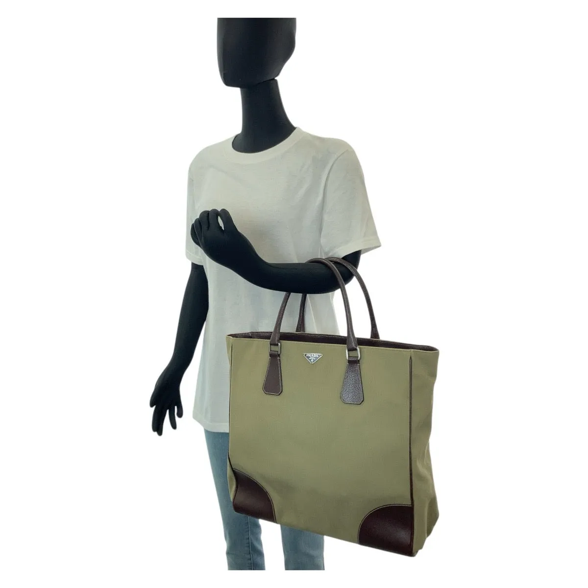 PRADA Tote Bag Canvas, Leather Khaki Brown SilverMetal Tote Bag Shoulder Bag Unisex Triangle With logo Women Used