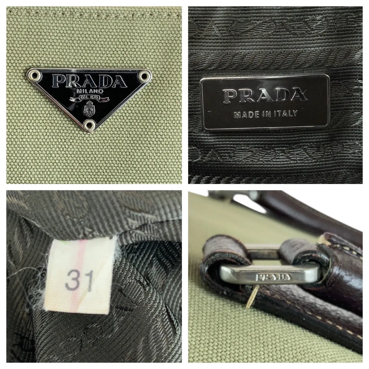 PRADA Tote Bag Canvas, Leather Khaki Brown SilverMetal Tote Bag Shoulder Bag Unisex Triangle With logo Women Used