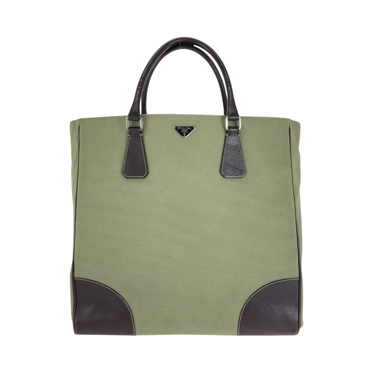 PRADA Tote Bag Canvas, Leather Khaki Brown SilverMetal Tote Bag Shoulder Bag Unisex Triangle With logo Women Used