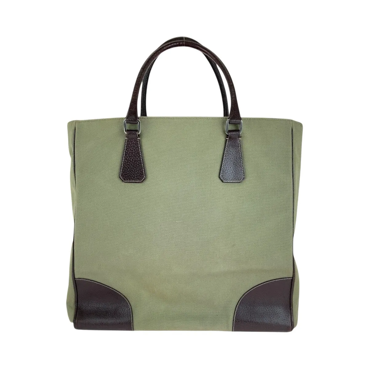 PRADA Tote Bag Canvas, Leather Khaki Brown SilverMetal Tote Bag Shoulder Bag Unisex Triangle With logo Women Used