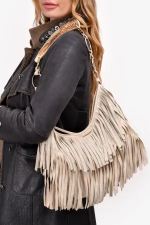 Saint Laurent White Suede Fringe Mombasa Shoulder Bag