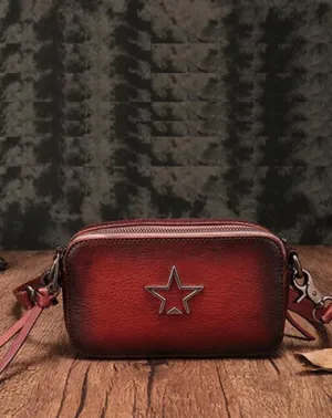 Vintage Red Leather Womens Clutch Side Purse Small Cube Shoulder Bag Leather Purse Crossbody Bags