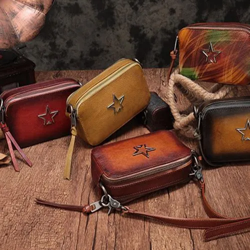 Vintage Red Leather Womens Clutch Side Purse Small Cube Shoulder Bag Leather Purse Crossbody Bags