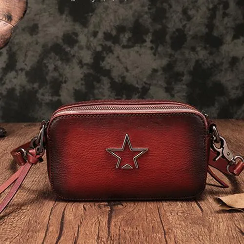 Vintage Red Leather Womens Clutch Side Purse Small Cube Shoulder Bag Leather Purse Crossbody Bags