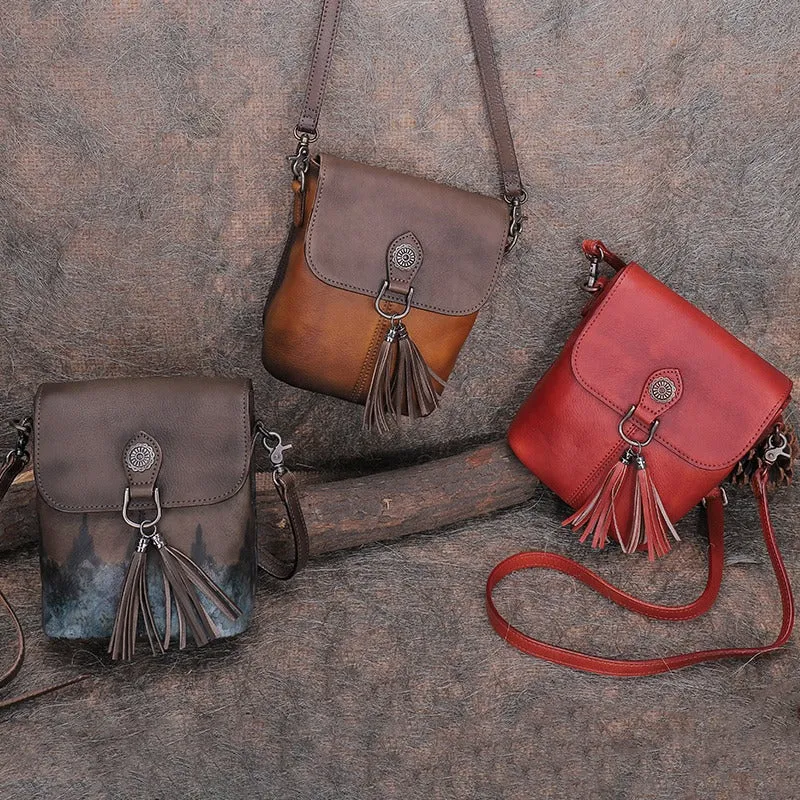 Vintage Small Red Leather Womens Vertical Shoulder Bag With Tassels Handmade Crossbody Purse for Ladies