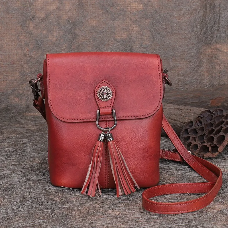 Vintage Small Red Leather Womens Vertical Shoulder Bag With Tassels Handmade Crossbody Purse for Ladies